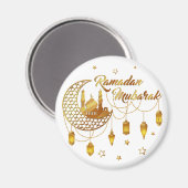 Gold Ramadan Mubarak Mosque & Lanterns Decorative マグネット (正面/裏面)