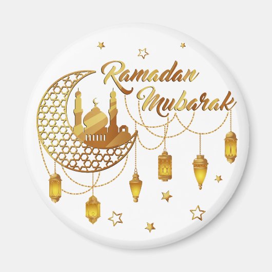 Gold Ramadan Mubarak Mosque & Lanterns Decorative マグネット (正面)