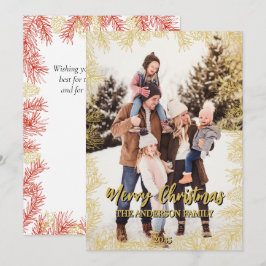 Gold Red Botanical Modern Family Photo Christmas シーズンカード
