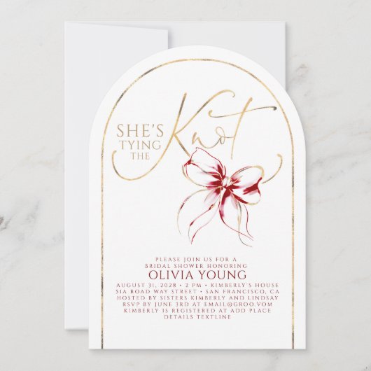 Gold Red Bow She's Tying The Knot Bridal Shower 招待状 (正面)