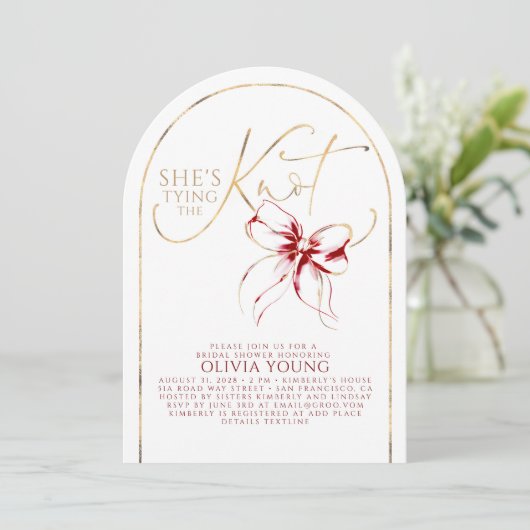 Gold Red Bow She's Tying The Knot Bridal Shower 招待状 (スタンド正面)
