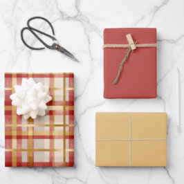 Gold Red Christmas Plaid ラッピングペーパーシート