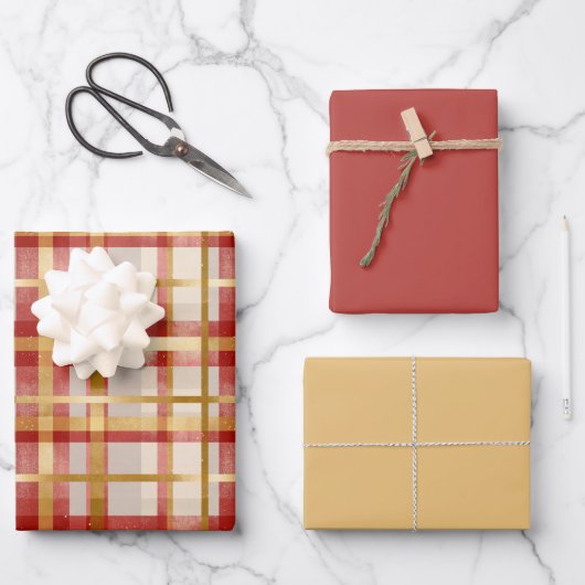 Gold Red Christmas Plaid ラッピングペーパーシート (正面)