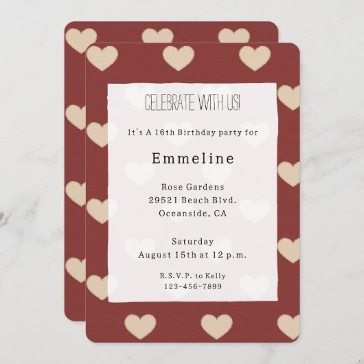 Gold Red Cream Glitter Hearts Birthday 招待状 (正面/裏面)