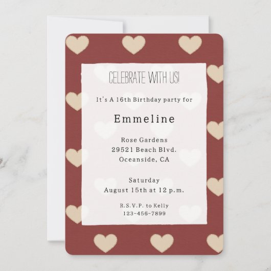 Gold Red Cream Glitter Hearts Birthday 招待状 (正面)