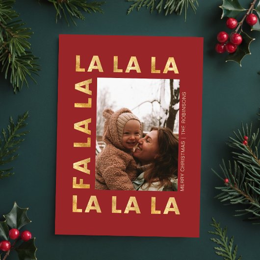 Gold & Red Fa la la Festive Family Christmas Photo シーズンカード