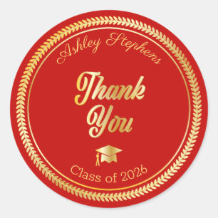 Gold Red Grad Cap Class of 2026 Thank You ラウンドシール