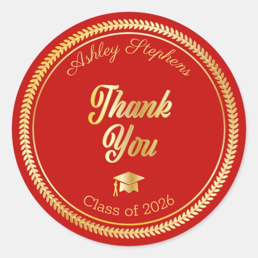 Gold | Red Grad Cap Class of 2026 Thank You ラウンドシール (正面)