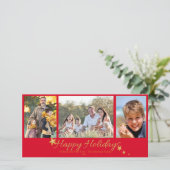 Gold & Red Happy Holidays 3 Photo Collage シーズンカード (スタンド正面)