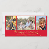 Gold & Red Happy Holidays 3 Photo Collage シーズンカード (正面)
