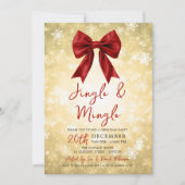 Gold Red Jingle Mingle Christmas Party Bow & Snow 招待状 (正面)