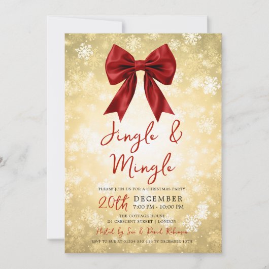 Gold Red Jingle Mingle Christmas Party Bow & Snow  招待状 (正面)