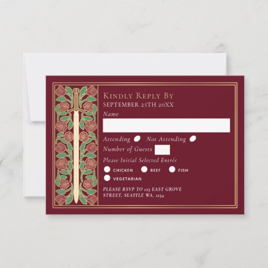 Gold Red Medieval Floral Sword Wedding RSVP (正面)