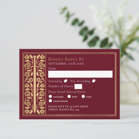 Gold Red Medieval Sword Wedding RSVP (スタンド正面)