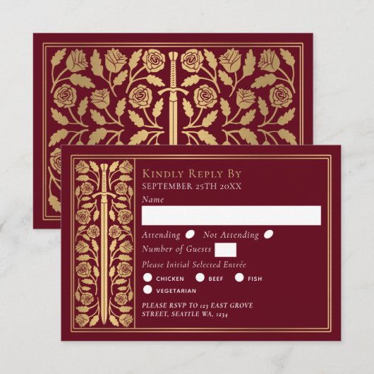 Gold Red Medieval Sword Wedding RSVP (正面/裏面)