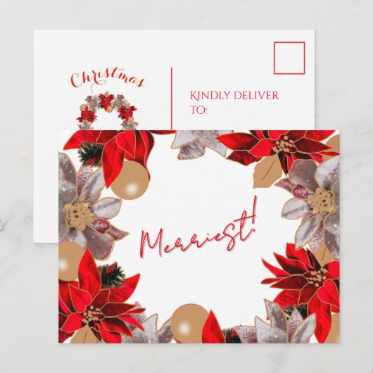 Gold & Red Minimalist Poinsettia Holiday Post Card シーズンポストカード (正面/裏面)