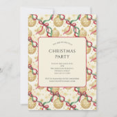 Gold Red Ornaments Bows Holiday Christmas Party 招待状 (正面)