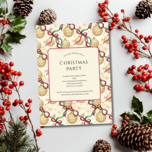 Gold Red Ornaments Bows Holiday Christmas Party 招待状