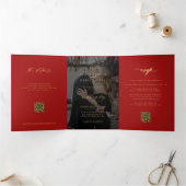 Gold red photo wedding RSVP details QR code 三つ折り招待状 (内部)