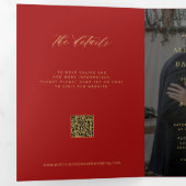 Gold red photo wedding RSVP details QR code 三つ折り招待状 (内部最初)
