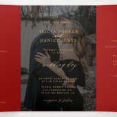 Gold red photo wedding RSVP details QR code 三つ折り招待状 (内部中)