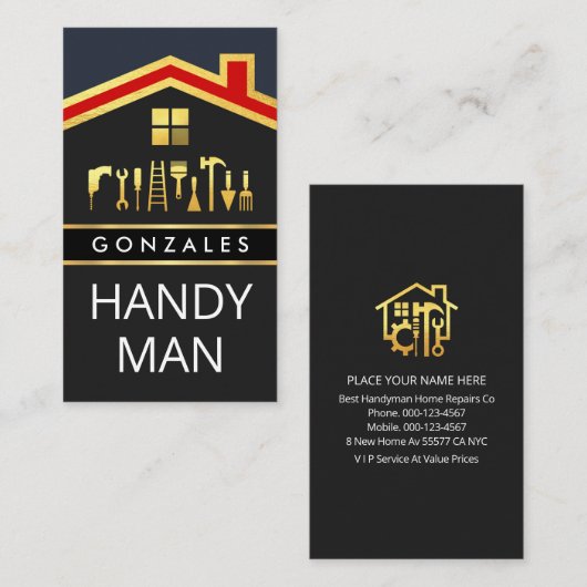 Gold Red Roof With Handyman Tools 名刺 (正面/裏面)