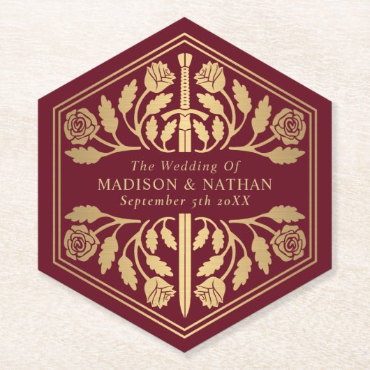 Gold Red Royal Medieval Sword Wedding ペーパーコースター (正面)