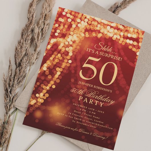 Gold & Red | Surprise 50th Birthday Party  招待状
