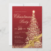 Gold Red Winter Christmas Tree Bow Holiday Party  招待状 (正面)