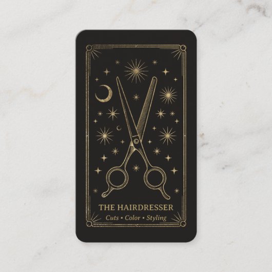 Gold Retro Celestial Tarot Hairdresser QR Code 名刺 (正面)