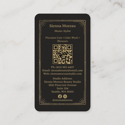 Gold Retro Celestial Tarot Hairdresser QR Code 名刺 (裏面)