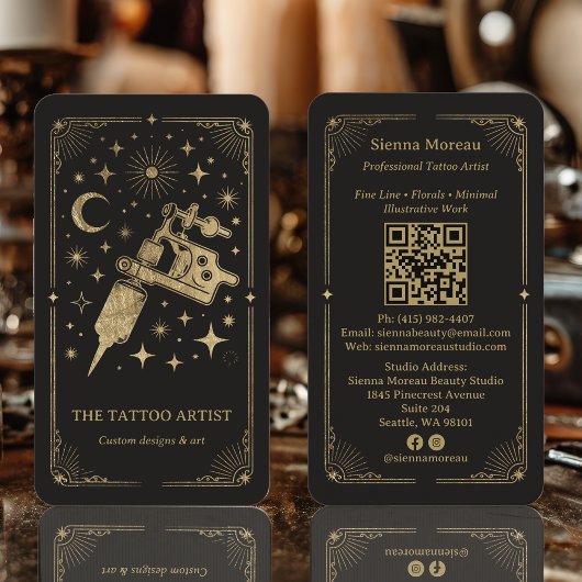 Gold Retro Celestial Tarot Tattoo artist QR 名刺