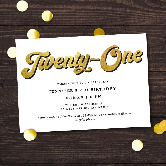 Gold Retro Script Black White 21st Birthday Party 招待状