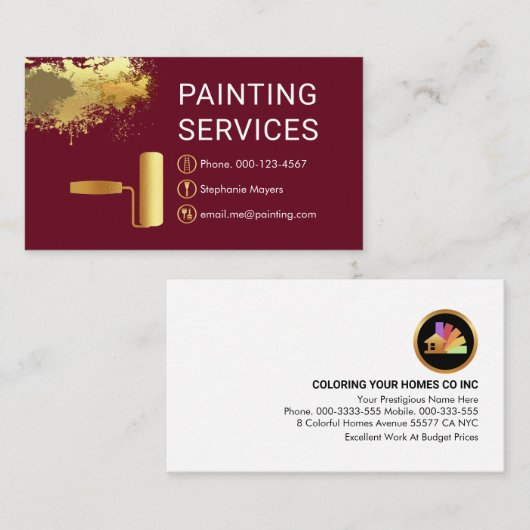 Gold Roller Brush On Paint Splatter Painter 名刺 (正面/裏面)