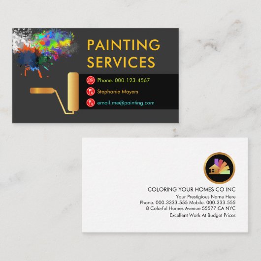 Gold Roller Brush Painting Paint Splatter 名刺 (正面/裏面)