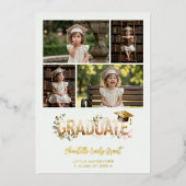 Gold Romantic Botanical Pre-K Graduation 5-Photo 箔招待状 (正面)