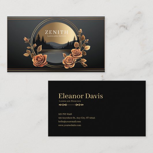Gold Rose Floral and Midnight Mountain Scene 名刺 (正面/裏面)