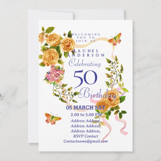 Gold Rose Ribbon 50th  Birthday Invitation 招待状 (正面)