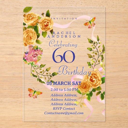 Gold Rose Ribbon 60th Birthday Invitation アクリル招待状 (正面)