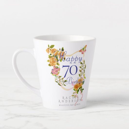 Gold Rose Ribbon 70th Birthday カフェラテマグ (左)