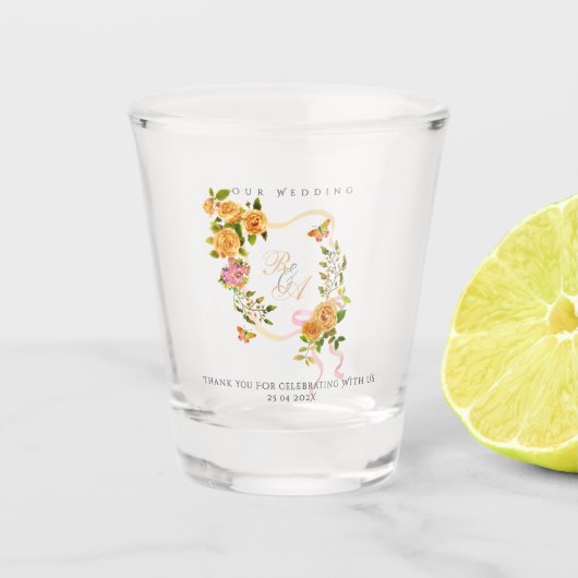 Gold Rose Ribbon Monogram Wedding  ショットグラス (正面)