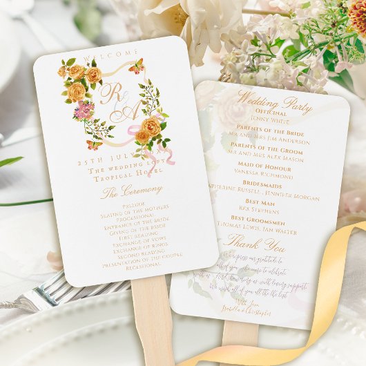Gold Rose Ribbon Monogram Wedding ハンドファン