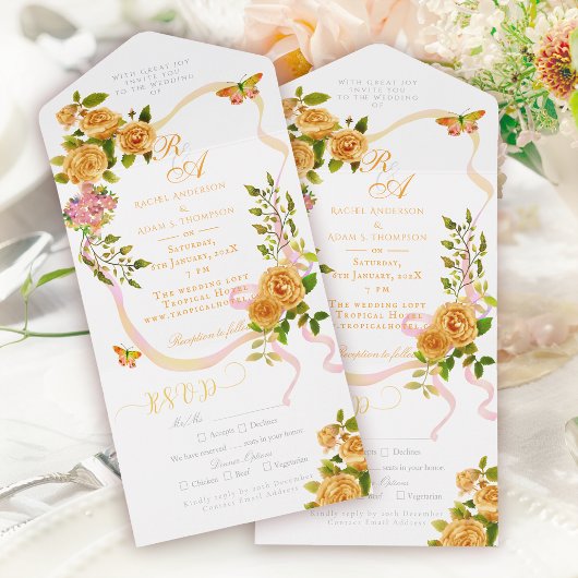 Gold Rose Ribbon Monogram Wedding Invitation オールインワン招待状