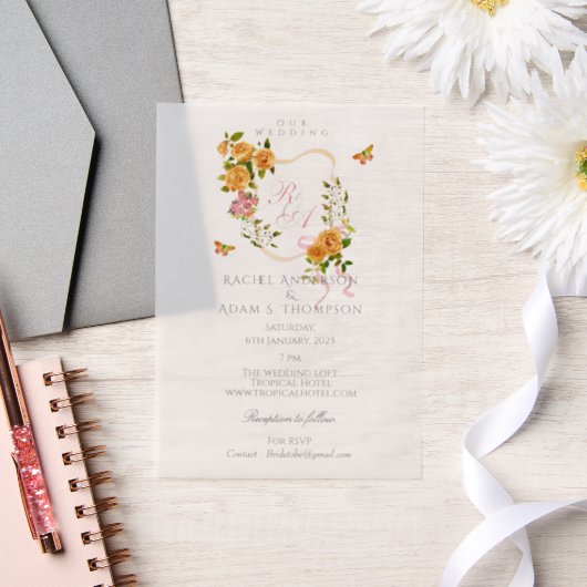 Gold Rose Ribbon Monogram Wedding  Invitation ベラム紙招待状 (ウェディング)
