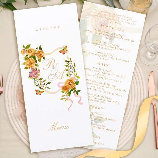 Gold Rose Ribbon Monogram Wedding Menu メニュー