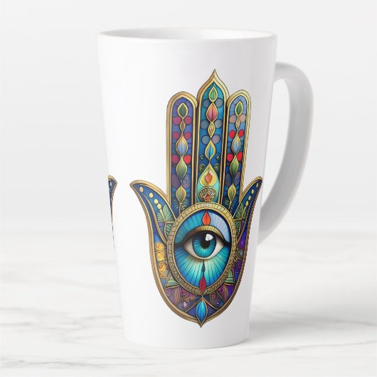Gold Royal Blue Hamsa w/ Turquoise Third Eye カフェラテマグ (右アングル)