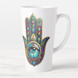 Gold Royal Blue Hamsa w/ Turquoise Third Eye カフェラテマグ
