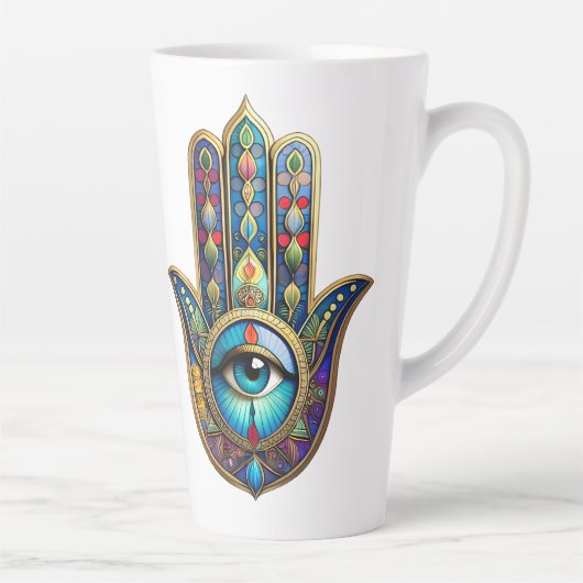 Gold Royal Blue Hamsa w/ Turquoise Third Eye カフェラテマグ (右)