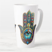 Gold Royal Blue w/ Turquoise Third Eye Hamsa カフェラテマグ (右アングル)