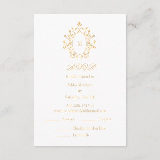 Gold RSVP card Monogram With 2 Entree Choice エンクロージャーカード (正面)